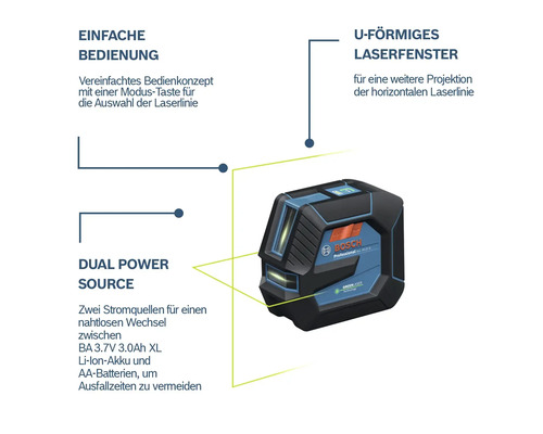 Bosch Professional GLL 30-20 G Linienlaser mit vereinfachter Bedienung, U-förmigem Laserfenster und Dual Power Source