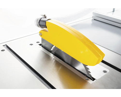 Tischkreissäge mit gelber Schutzvorrichtung und Absaugvorrichtung