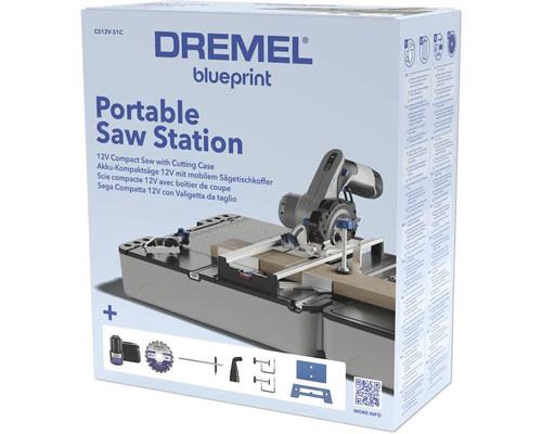 Dremel Akku-Kompaktsäge 12V mit mobilem Sägetischkoffer in der Verpackung