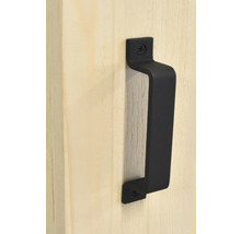 Schwarzer Türgriff an einer Holztür befestigt