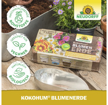 Neudorff Kokohum Blumenerde, geeignet für Veganer, mit dem Hinweis natürlich biologisch und dem Neudorff Logo