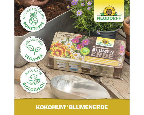 Neudorff Kokohum Blumenerde, geeignet für Veganer, mit dem Hinweis natürlich biologisch und dem Neudorff Logo