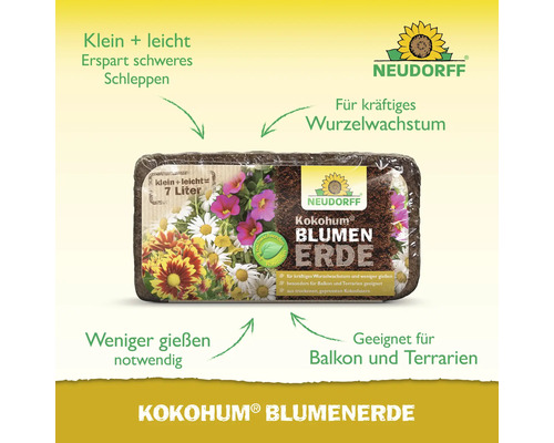 Kokohum Blumenerde von Neudorff für kräftiges Wurzelwachstum und weniger Gießen, geeignet für Balkon und Terrarien