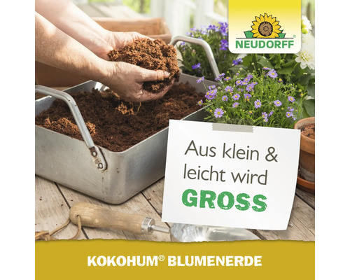 Kokohum Blumenerde in einer Pflanzschale mit dem Neudorff Logo