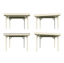 Verschiedene Ansichten eines Holzcarports mit Flach- und Pultdach