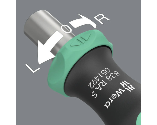 Detailaufnahme des umschalbaren Ratschenschraubendrehers von Wera mit Hinweisen zu Drehrichtung und Arretierung