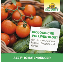 Frische Tomaten und Gurken mit Neudorff Logo und Hinweis auf biologischen Tomatendünger