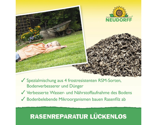 Neudorff Logo. Rasenreparatur mit einer speziellen Mischung aus frostresistenten RSM Sorten zur Bodenverbesserung und Düngung. Verbesserte Wasser- und Nährstoffaufnahme des Bodens durch bodenbelebende Mikroorganismen.