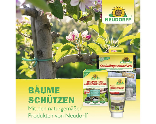 Neudorff Produkte für den Baumschutz, einschließlich Insektenleim, Raupenleimring und Schädlingsschutznetz.