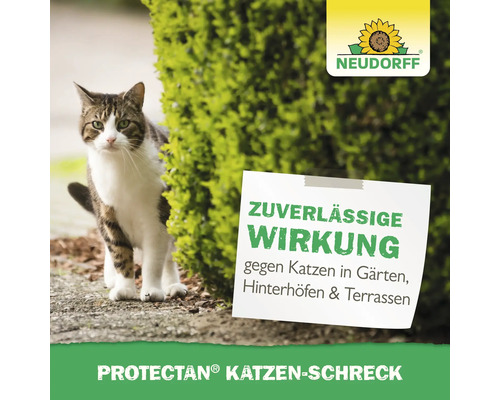 Katze neben einer Notiz mit dem Text Zuverlässige Wirkung gegen Katzen in Gärten, Hinterhöfen und Terrassen neben dem Neudorff Logo. Protectan Katzenschreck
