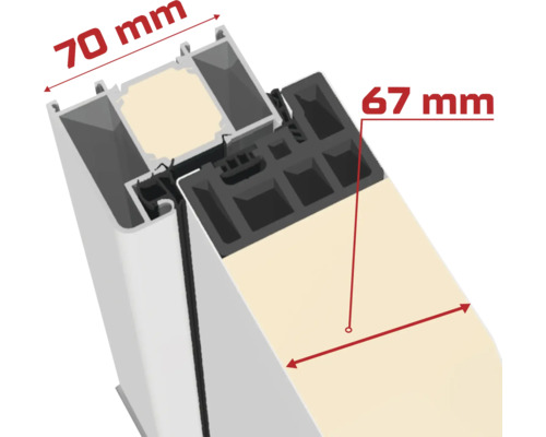 Querschnitt eines Fensterrahmens mit Maßangaben 70 Millimeter und 67 Millimeter.