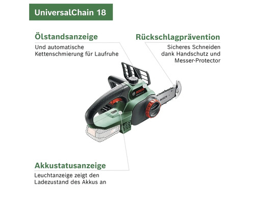 Bosch UniversalChain 18 Akku-Kettensäge mit Ölstandsanzeige, Rückschlagprävention und Akkuladezustandsanzeige