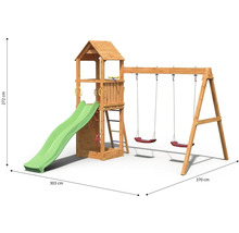 Spielturm mit Rutsche und Schaukel mit den Maßen 272 cm Höhe, 303 cm Breite und 370 cm Länge.