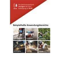 Anwendungsbeispiele für Gehörschutzstöpsel: Presslufthammer, Schlagbohrer, elektrische Heckenschere, Winkelschleifer, Kettensäge, Kreissäge.