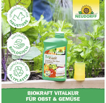 Neudorff Biokraft Vitalkur für Obst und Gemüse in grüner Flasche mit Dosierhilfe, umgeben von Gemüsepflanzen. Siegel: Unbedenklich für Haustiere. Siegel: Natürlich biologisch. Siegel: Verpackung aus Altplastik. Neudorff Logo.
