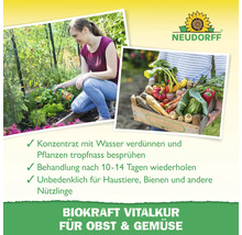 Frau behandelt Pflanzen im Gewächshaus, eine Person hält eine Kiste mit Gemüse, Neudorff Logo, Hinweise zur Anwendung des Produkts Biokraft Vitalkur für Obst und Gemüse