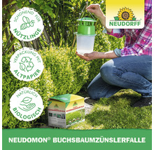 Neudorff Neudomon Buchsbaumzünslerfalle mit Verpackung und Hinweisen zu Nützlingsschonung, Altpapierverpackung und biologischer Herstellung
