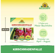 Neudorff Kirschmadenfalle zum Schutz von Kirschen und Walnüssen vor Madenbefall, Höhe 28,5 cm. Geeignet für den ökologischen Landbau. Zwei Fallen pro Meter Baumhöhe, einsetzbar von April bis August. Neudorff Logo.