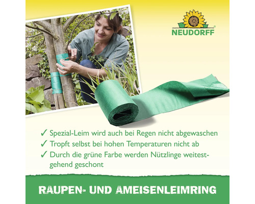 Anwendung des Raupenleimrings von Neudorff zum Schutz von Bäumen vor Schädlingen. Neudorff Logo.