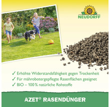 Neudorff Azet Rasendünger mit erhöhtem Widerstand gegen Trockenheit, geeignet für Rasenflächen mit Mähroboter und aus 100 Prozent natürlichen Rohstoffen.