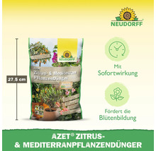 Verpackung Azet Zitrus und Mediterran Pflanzendünger, 27,5 cm hoch, mit Hinweisen zu Sofortwirkung und Blütenbildung, Neudorff Logo