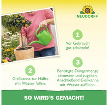 Anleitung zur Anwendung von Neudorff Dünger: Vor Gebrauch schütteln, Gießkanne zur Hälfte mit Wasser füllen, benötigte Düngermenge abmessen und zugeben.