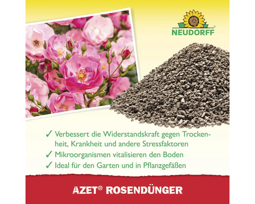 Neudorff Logo. Rosen Dünger mit Mikroorganismen Inhaltsstoffen neben einem Foto von Rosen.