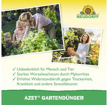 Neudorff Azet Gartendünger Produktbild: Frau und Kind im Garten, Frau mit Pflanze im Topf