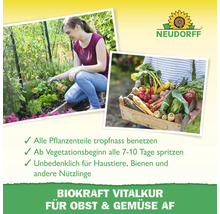 Anwendung von Biokraft Vitalkur für Obst und Gemüse im Garten sowie Neudorff Logo.