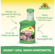 Neudorff Neudo-Vital Rosen-Spritzmittel zur optimalen Ernährung von Rosen, zur Erhöhung der Widerstandskraft und zur Vorbeugung gegen Pilzerkrankungen. Nicht bienengefährlich. Verpackung zu 90 Prozent recycelbar. Neudorff Logo.