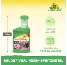 Neudorff Neudo-Vital Rosen-Spritzmittel Flasche mit einer Höhe von 17,5 cm, geeignet für 25 Liter Spritzmittel, anwendbar von März bis Oktober. Enthält ein Recyclingsymbol und das Neudorff Logo.