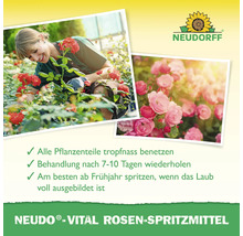 Anwendungshinweise und Abbildungen des Neudorff Neudo-Vital Rosenspritzmittels.