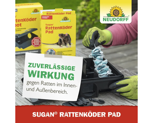 Neudorff Sugan Rattenköder Pad mit Rattenköderbox und Hinweiszettel für zuverlässige Wirkung und Neudorff Logo