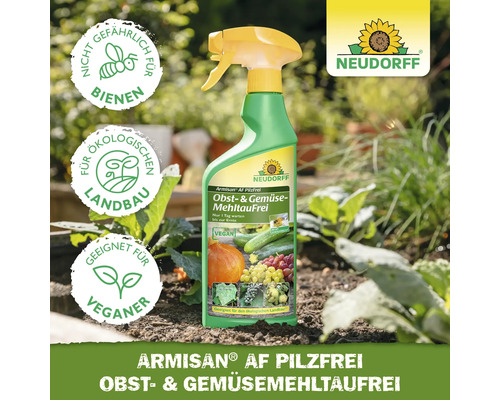 Armisan AF Pilzfrei Obst- und Gemüsespray von Neudorff im Gartenbeet.