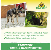 Protectan Hunde und Katzenschreck Produktbild mit Hund und Katze sowie Neudorff Logo