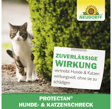 Neudorff Logo. Katze und Hinweisschild zu Protectan Hunde- und Katzenschreck.