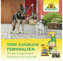 Neudorff Produkte zur Tierabwehr mit Hund und Katze im Hintergrund.