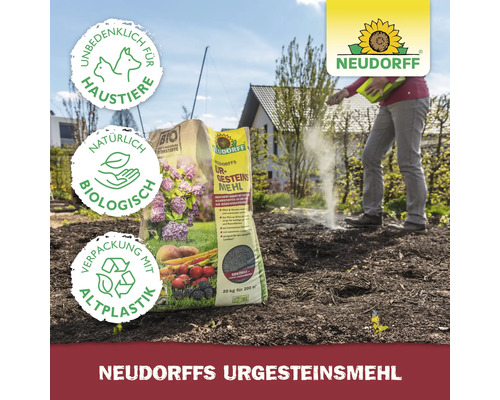 Neudorffs Urgesteinsmehl Sack mit den Symbolen: Unbedenklich für Haustiere, natürlich biologisch, Verpackung mit Altplastik und Neudorff Logo. Person streut Urgesteinsmehl auf ein Beet.