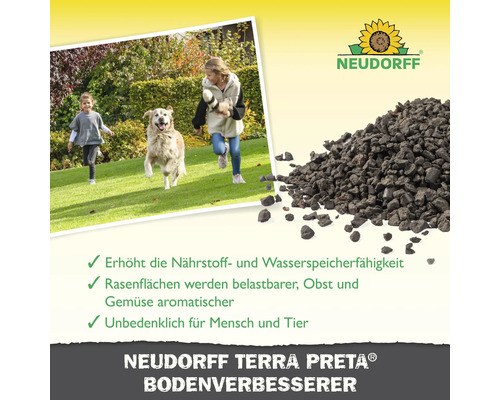 Neudorff Terra Preta Bodenverbesserer mit spielenden Kindern und Hund im Garten