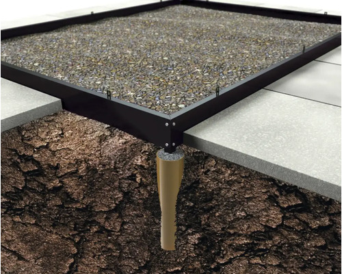 Unterkonstruktion für Terrassenplatten mit Kies und Bodenprofil
