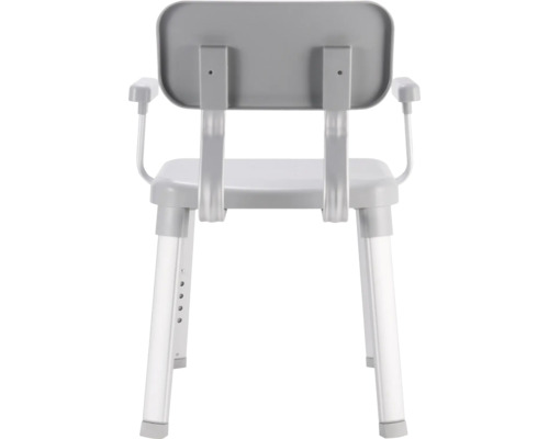 Rückenansicht eines Duschstuhls mit Armlehnen und höhenverstellbaren Beinen.