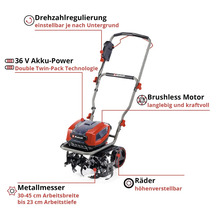Einhell Akku-Bodenhacke mit einstellbarer Drehzahl, 36 Volt Akkuleistung, bürstenlosem Motor, Metallmessern und höhenverstellbaren Rädern.