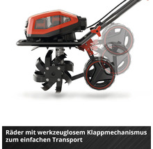 Motorhacke mit Rädern und klappbarem Mechanismus für einfachen Transport