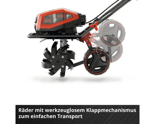 Motorhacke mit Rädern und klappbarem Mechanismus für einfachen Transport