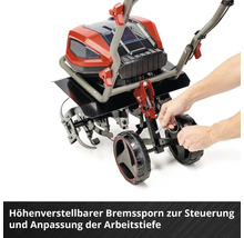Motorhacke mit höhenverstellbarem Bremssporn zur Steuerung und Anpassung der Arbeitstiefe.