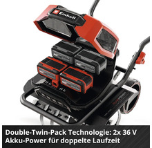 Einhell Logo. Einhell Akku-Tragegerät mit vier Akkus.