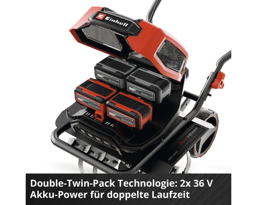 Einhell Logo. Einhell Akku-Tragegerät mit vier Akkus.