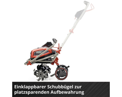 Motorhacke mit einklappbarem Schubbügel zur platzsparenden Aufbewahrung