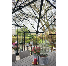 Gewächshaus mit Pflanzen, Tisch und Stühlen im Garten