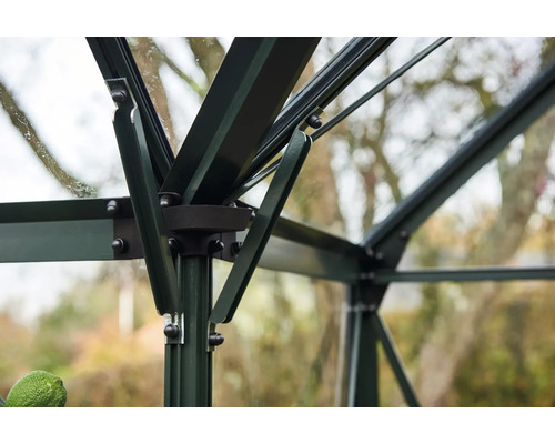 Detailansicht eines Gewächshausrahmens aus Metall und Glas